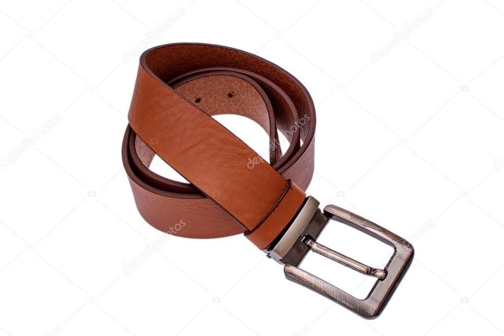 Fashionable male brown gray leather belt isolated on white background