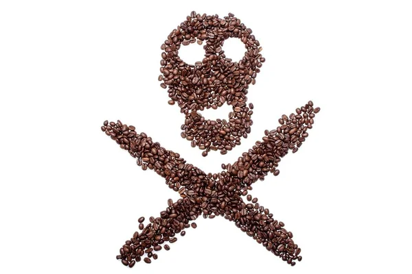 Skull of coffee beans, cheerful roger of coffee, the concept suggests that sometimes coffee can belittle death