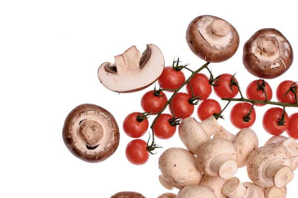 Mantar petrol ve beyaz arka plan üzerinde izole kırmızı kiraz domates