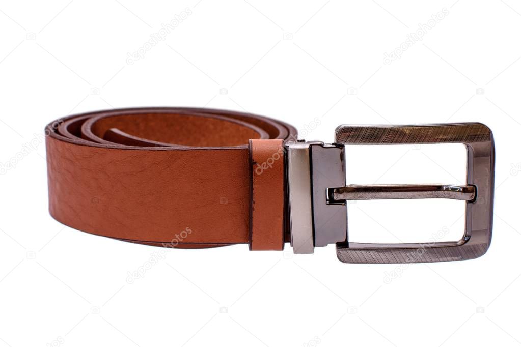 Fashionable male brown gray leather belt isolated on white background