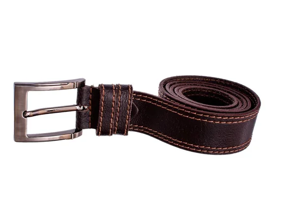 Fashionable male brown gray leather belt isolated on white background — Stock Photo, Image