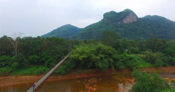 A long suspension bridge across the river connect town to forest — Stock Video