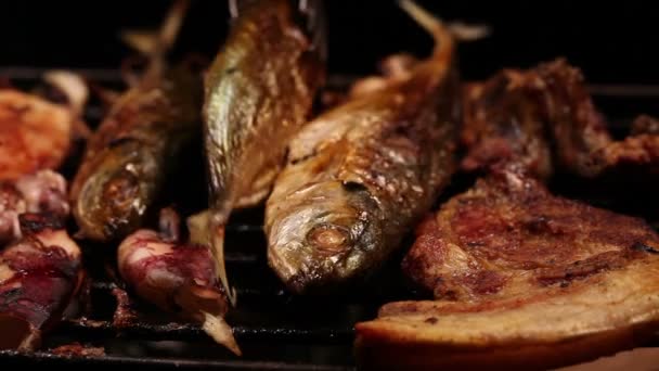 バーベキュー魚介類と豚肉 — ストック動画