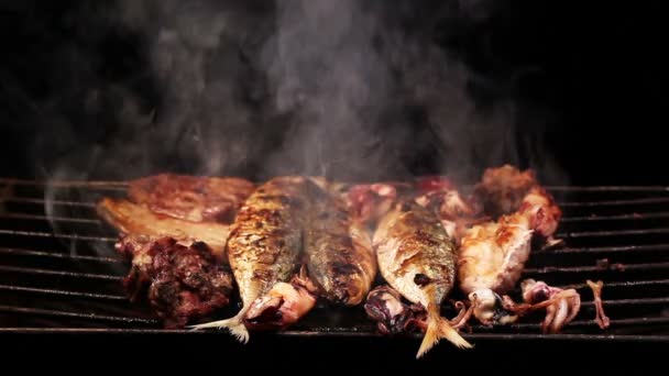バーベキュー魚介類と豚肉 — ストック動画
