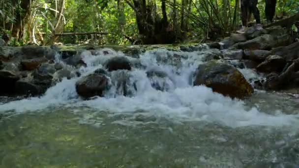Sportovní běh přes les a vodopád pro spuštění závodění v Khao Phra Thaeo national park. — Stock video