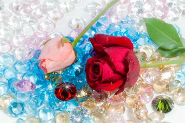 kırmızı gül ve pembe gül çiçek üzerinde mavi değerli taşlar vardır.