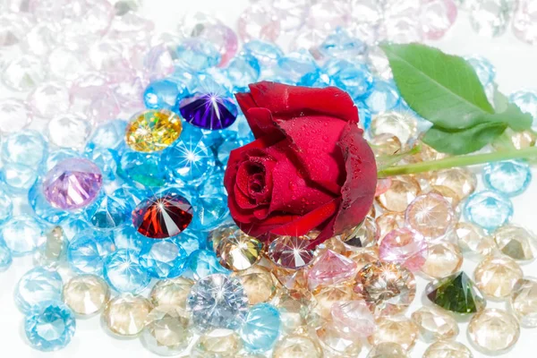  renkli değerli taşlar üzerinde kırmızı gül çiçek