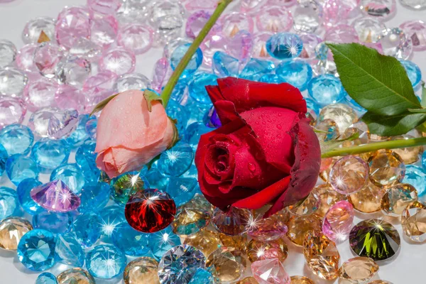 kırmızı gül ve pembe renkli değerli taşlar üzerinde gül çiçektir.
