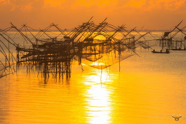 Ciel Doré Matin Dessus Piège Pêche Talay Noi Province Phatthalung — Photo