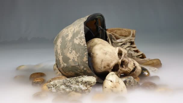 Corpses Military Uniform Ice Smoke Human Skull Next Military Cap — Stock Video