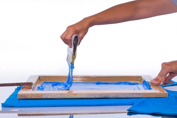 Serigrafía Hecha Mano Con Impresión Color Azul Camiseta Azul —  Fotos de Stock
