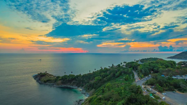 aerial photography sunset at Laem Promthep Cape viewpoint. Promthep cape is the most popular viewpoint in Phuket. the most tourist always come to see sunset at this landmark