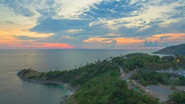 aerial photography sunset at Laem Promthep Cape viewpoint. Promthep cape is the most popular viewpoint in Phuket. the most tourist always come to see sunset at this landmark