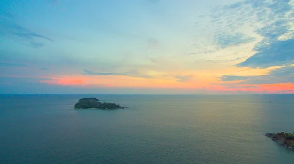 aerial photography sunset at Laem Promthep Cape viewpoint. Promthep cape is the most popular viewpoint in Phuket. the most tourist always come to see sunset at this landmark