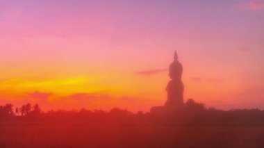 Tayland 'ın büyük Buda' sı Wat Muang Ang Thong Tayland 'da gün doğumu. Dünyanın en büyük Buda heykeli pirinç tarlalarıyla çevrili olarak uzaktan görülebilir.