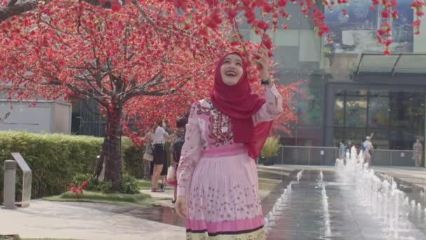 Cute Islamic Red Suit Front Fountain Central Park — Stock Video