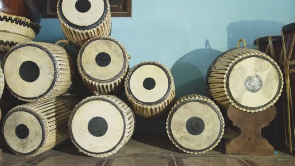 Two Side Tabor Drum Used Leather Weaves Drum Wood Could — Stock Video