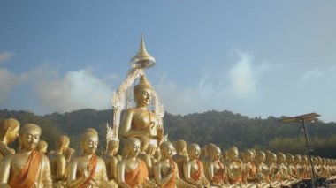 Nakornnayouk, Tayland 'daki Nakornnayouk' taki MAKHA BUDDHIST MEMORIAL PARK adlı kırsal kamu tapınağındaki küçük Buda heykelleri arasında büyük altın bir Buda heykeli.