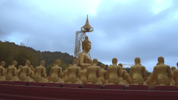 ナコルナヨークにあるMacha Bucha Bucha Buddhist Memary Parkという田舎の公共寺院にある多くの小さな仏像の中で黄金の仏像の列 — ストック動画