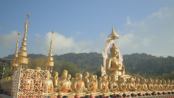 Gran Estatua Oro Buda Entre Muchas Pequeñas Estatuas Buda Campo — Vídeos de Stock