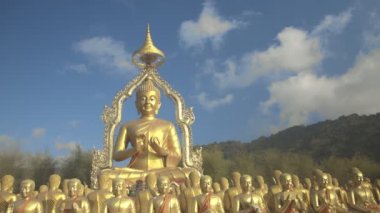Nakornnayouk, Tayland 'daki Nakornnayouk' taki MAKHA BUDDHIST MEMORIAL PARK adlı kırsal kamu tapınağındaki küçük Buda heykelleri arasında büyük altın bir Buda heykeli.
