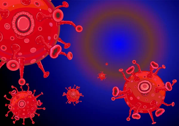 红色病毒Covid 19在蓝色卵子中漂浮 — 图库照片