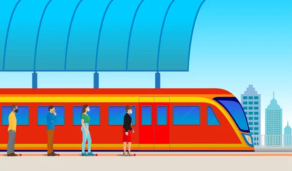 Människor Köar För Att Hålla Avståndet Medan Väntar Tåget Elstationen — Stockfoto