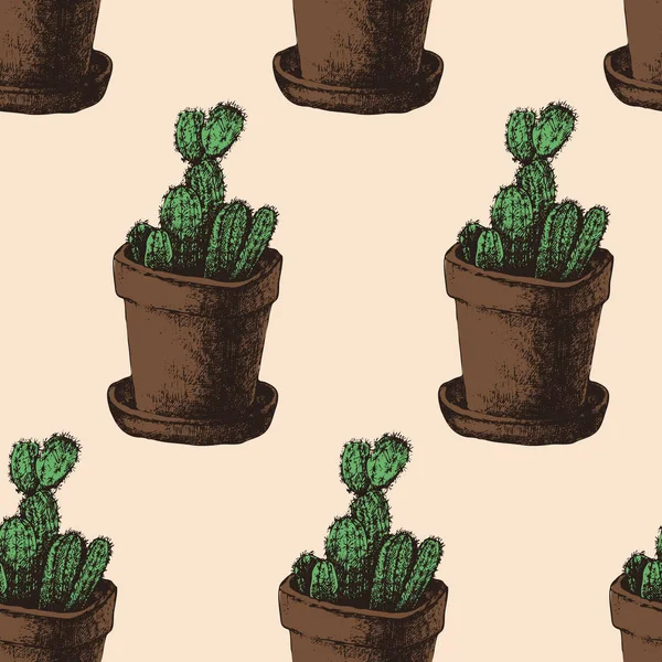 Cactus dibujado a mano patrón sin costura — Vector de stock