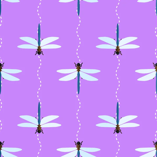 Patrón sin costura vectorial con libélulas y líneas onduladas — Vector de stock