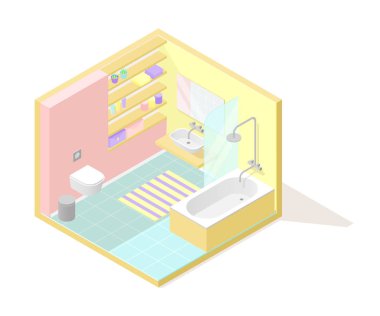 Vektör izometrik düşük Poli kesit iç esnaf. Banyo