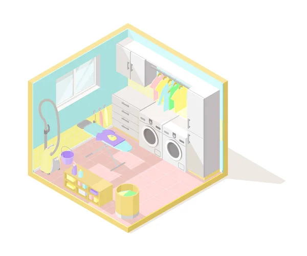 Vektor izometrikus alacsony poly cutaway belső illustartion. Típus és mosókonyha — Stock Vector