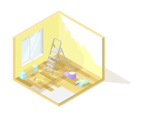 Ilustración interior isométrica de corte polivinílico bajo vectorial. Renovación — Vector de stock