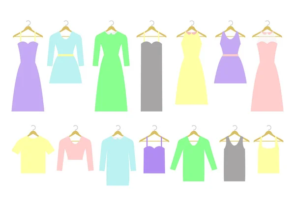 Zbiór różnych sukienki i koszule na wieszaki — Wektor stockowy
