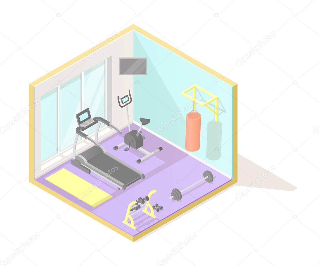 Vector isometric low poly cutaway interior illustartion. Home fitness or gym room