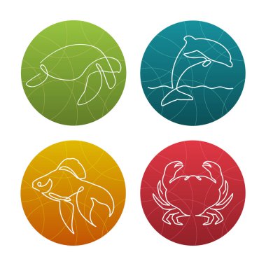 4 kümesi bir satır deniz hayvanları simgeler veya logolar. Kaplumbağa, altın balık, Yunus, Yengeç