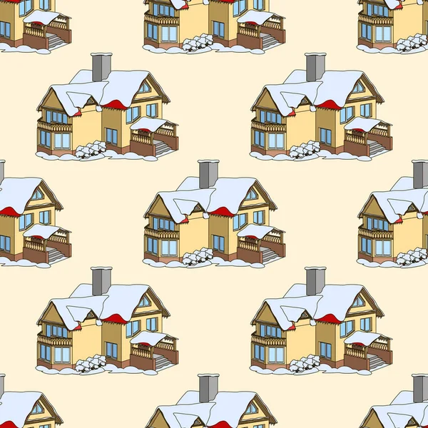 Vector seamless pattern with cartoon houses in winter time