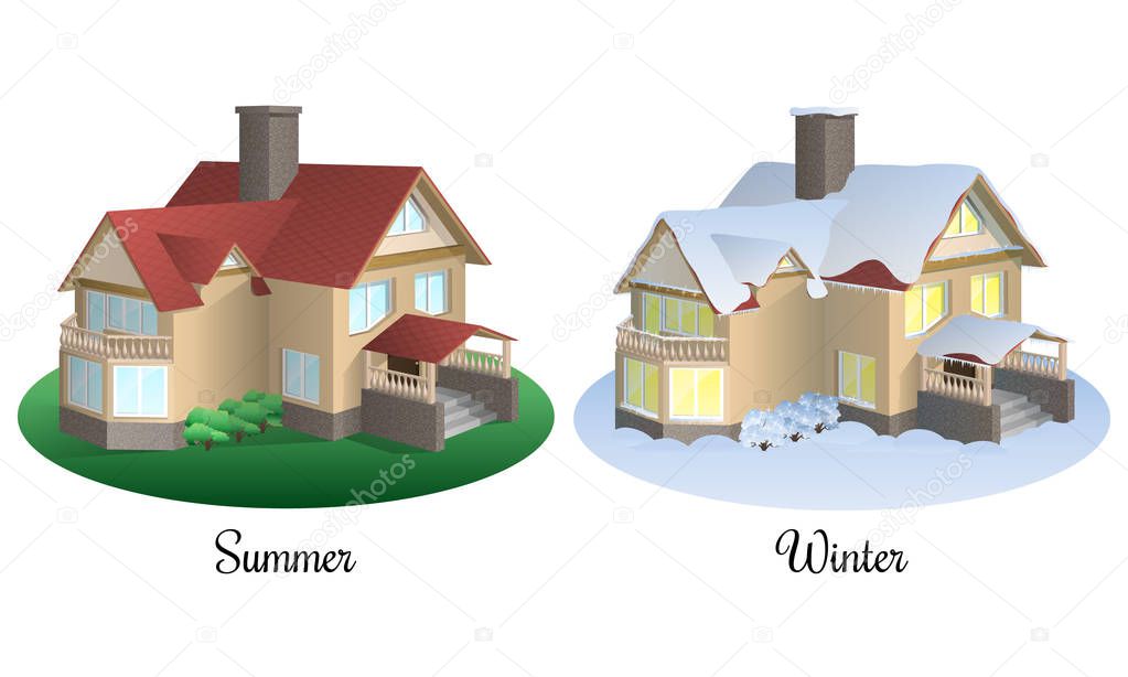 Set of two houses in summer and winter time