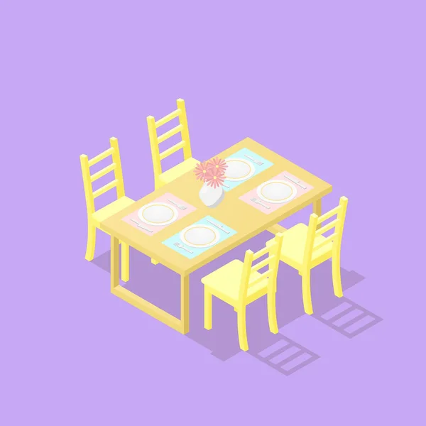 Mesa de jantar isométrica de baixo poli com cadeiras —  Vetores de Stock