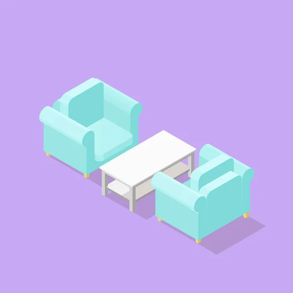 Alacsony poly izometrikus fotelekkel és dohányzóasztallal — Stock Vector