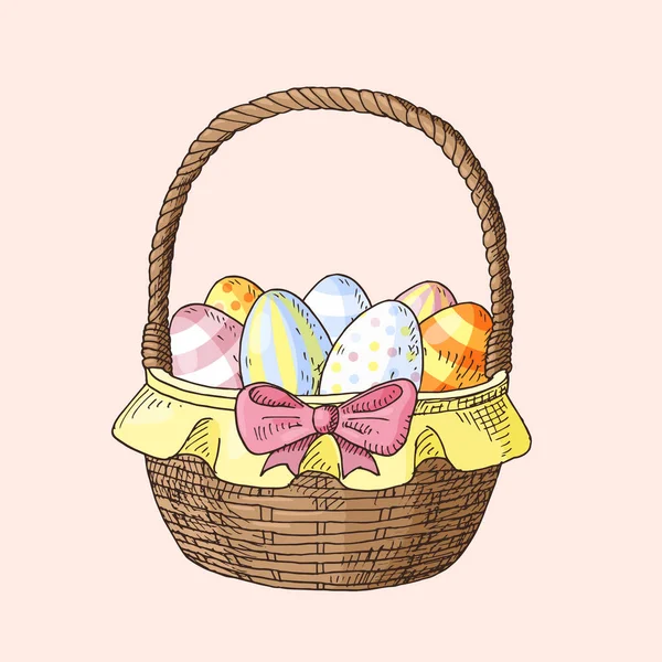 Cesta de Pascua dibujada a mano con huevos — Archivo Imágenes Vectoriales