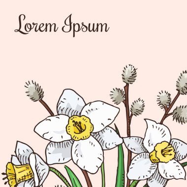 Nergis ve Söğüt dalları buket poster için el çekilmiş şablon