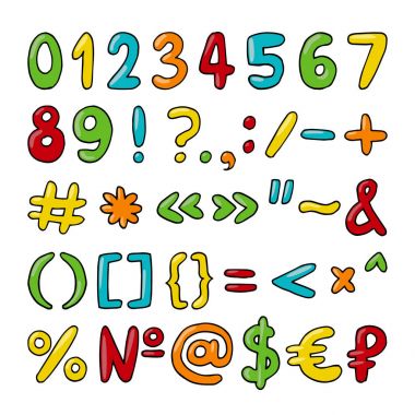 Vector hand drawn set of numbers, punctuation marks and special symbols clipart