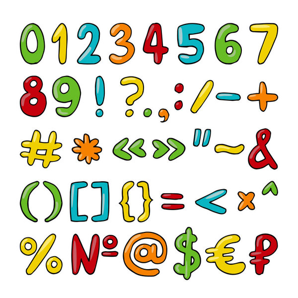 Vector hand drawn set of numbers, punctuation marks and special symbols