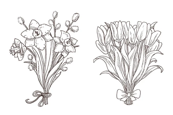 Reihe von handgezeichneten Frühlingssträußen — Stockvektor