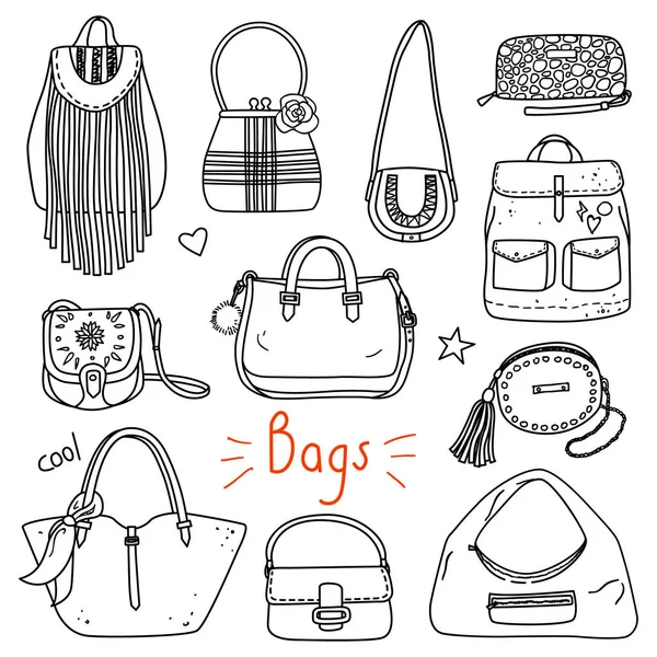 Ensemble d'accessoires pour femmes dessinés à la main. Sacs — Image vectorielle