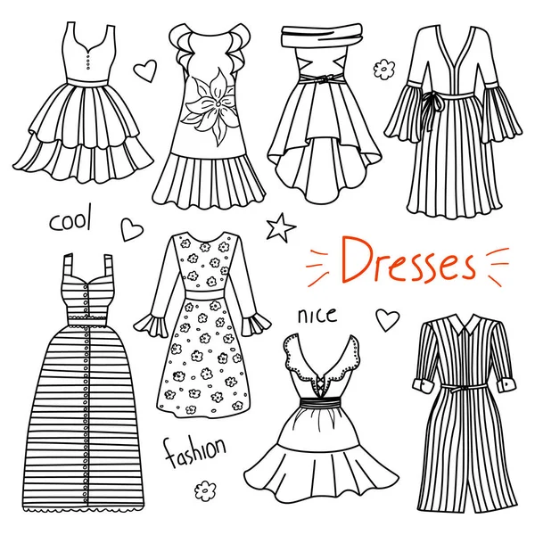 Conjunto de ropa de mujer dibujada a mano. Vestidos — Vector de stock