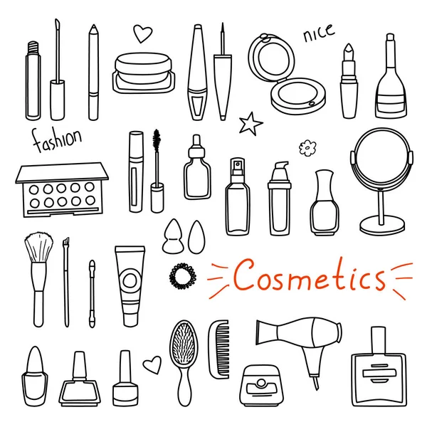 Ensemble d'accessoires pour femmes dessinés à la main. Produits cosmétiques — Image vectorielle