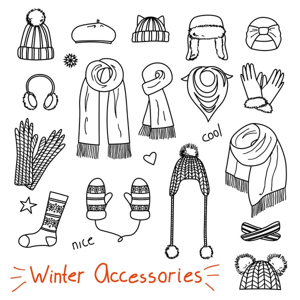 Set de accesorios para mujer dibujados a mano. Invierno — Vector de stock