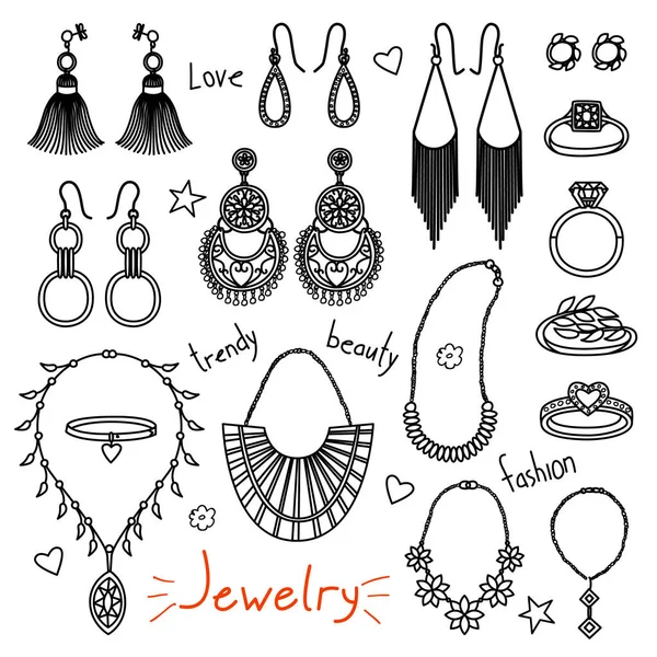 Set de accesorios para mujer dibujados a mano. Joyería — Vector de stock