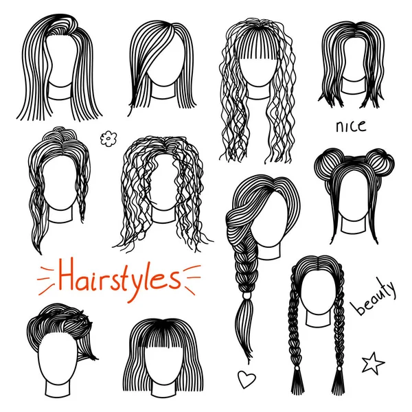 Ensemble de coiffures de femmes dessinées à la main — Image vectorielle